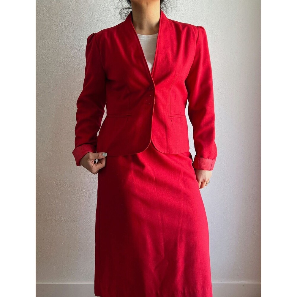 vtg 80s oscar de la renta red skirt blazer suit size 11/12‎ retro modest classic - Picture 10 of 10